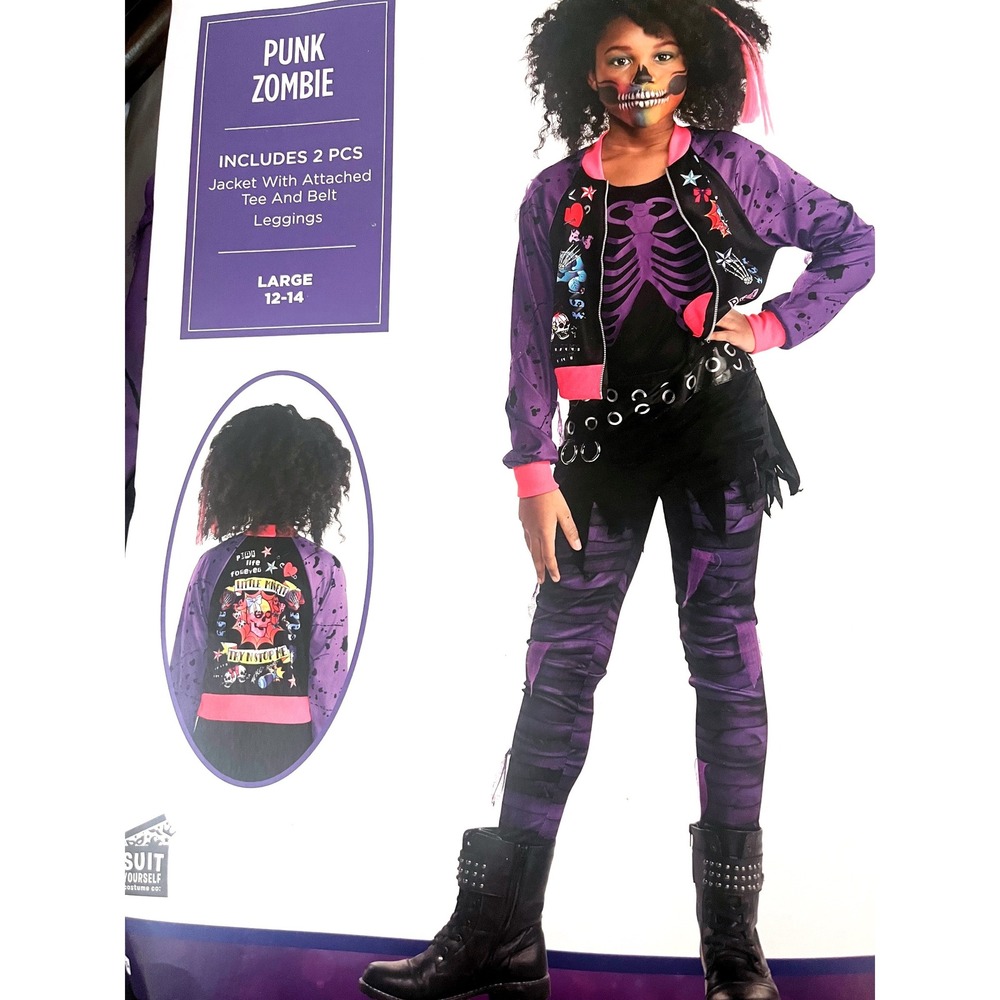Punk Zombie Girls Costume L 12-14 Halloween Skeleton Rocker 2pc New